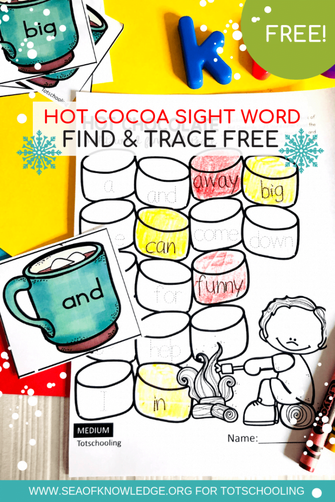 These Hands-on Winter Free Sight Word Worksheets will engage ALL your kids no matter their level. They will read, search for and trace the matching sight word all with a fun hot cocoa theme! #freeprintable #teachers #preschool #kindergarten #sightwords