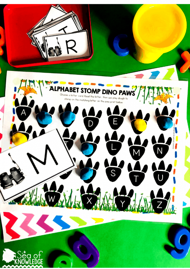 This mat is so much fun! Kids will use play dough to 'stomp' on the Dino paws once they identify the matching letter they found. There are uppercase letter cards as well as lowercase. You can differentiate this to suit the children in your group.Â Need a quiet book that requires no sewing? Fun, fine motor Dinosaur Printable Learning Book! Differentiate this and use it with kids ages 3-5. Get your book inside! #dinosauractivities #busybook #preschool #preschoolteacher