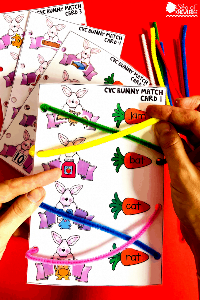 Fantastic Fine Motor Easter Centers for Preschoolers. Want to get more use out of your pipe cleaners? Use them with this fine motor activity whilst getting the kids to identify CVC or short vowel sounds. The kids will identify the image on the bunny, then find the CVC word on the right. They will then use pipe cleaners to thread the matching line between the two. They do this until all their 'bunnies have carrots'! #preschoolteachers