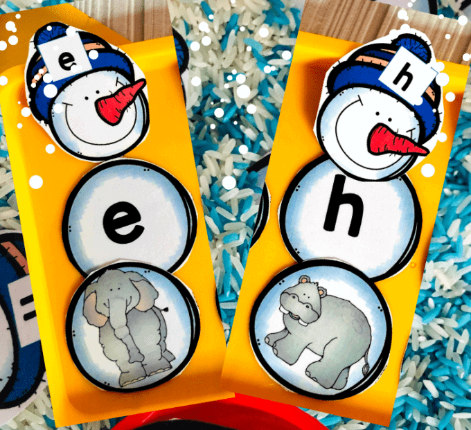 Winter Snowman Sensory Tub ideas can be LOTS of fun - if you incorporate snowmen and colourful play rice! Download your free copy of these alphabet snowman cards here! These would make a great addition to your beginning sounds games.