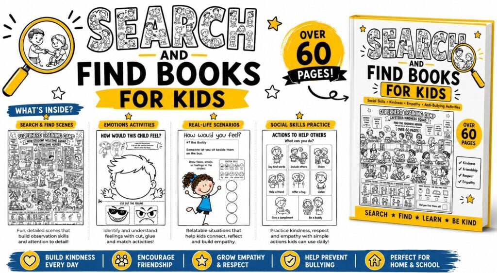 Not every search and find book for kids helps children build real-life skills. Many are simply filled with random objects to spot, leaving little opportunity to teach kindness, empathy, friendship, or social skills.