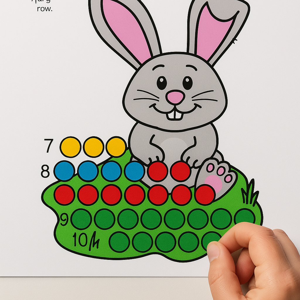 This Easter fine motor printable takes the counting up a notch—with numbers up to 10! Kiddos will fill each row with the matching number of dot stickers.