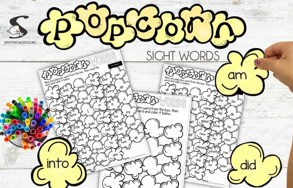 FREE popcorn sight words game for kindergarten