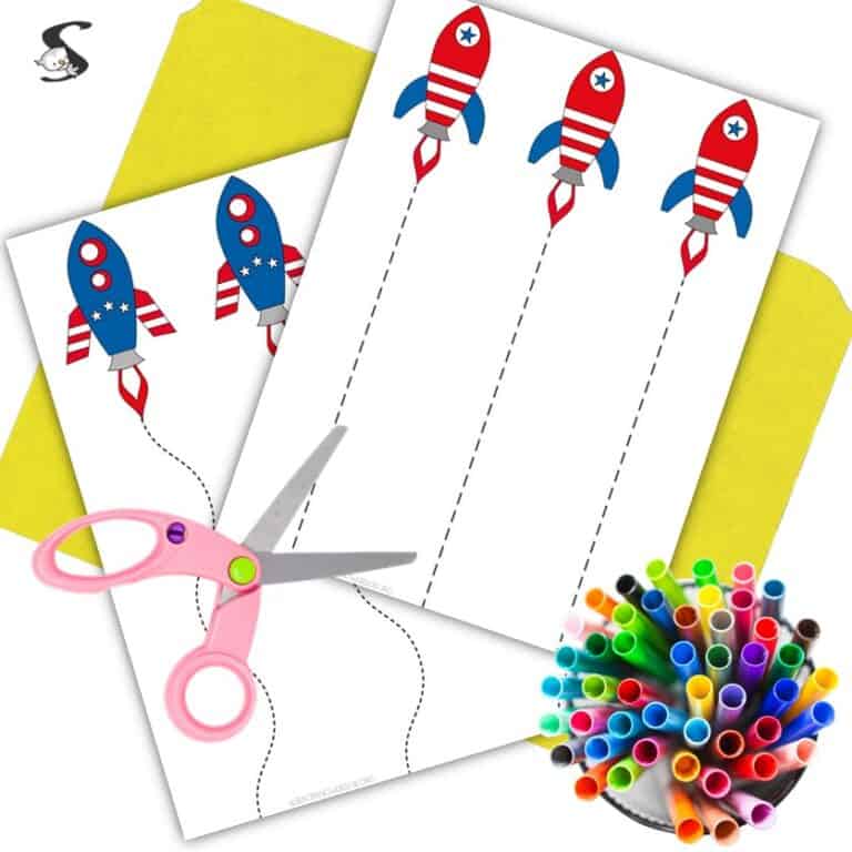 Preschoolers will love these fun cutting practice worksheets pdf activities based on rockets. Looking for 4th July activities? These are perfect supplemental printable activities!