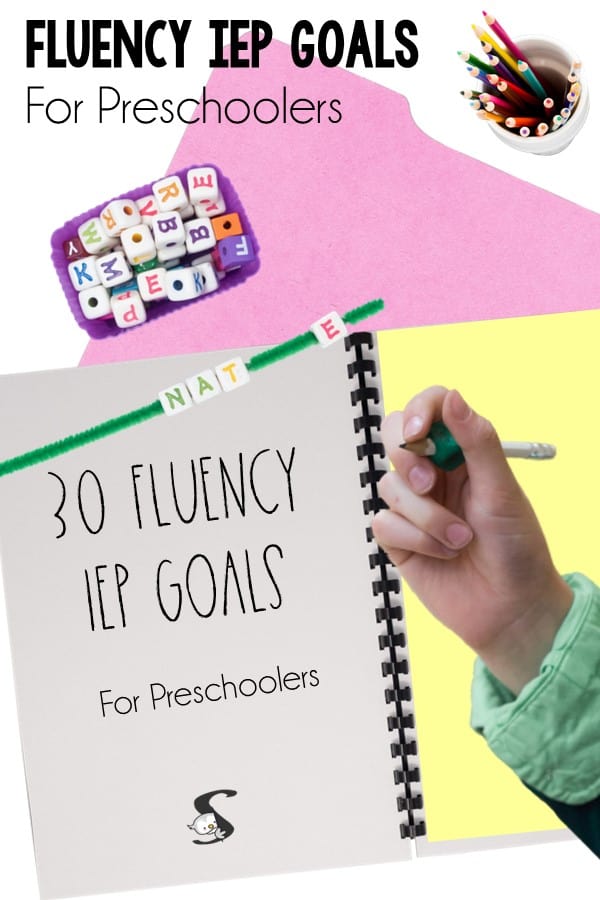 Add 30 preschool fluency IEP goals to your plans. Speech therapists are often looking to add speech goals to their plans when working with young children and having an IEP goal bank, even with picture card and visual cues will definitely help keep long-term goal and main goal of speech fluency on target! 