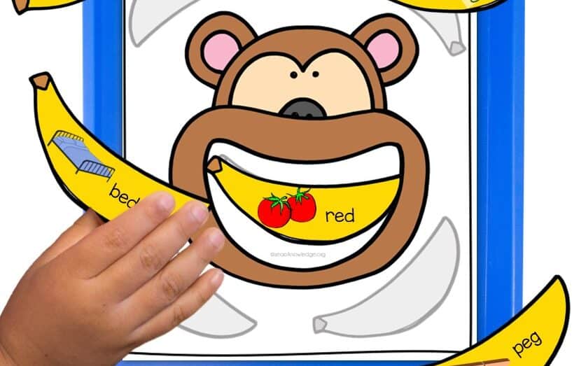 Rhyming games for kindergarten feed the monkey game printable with matching rhyming picture cards.