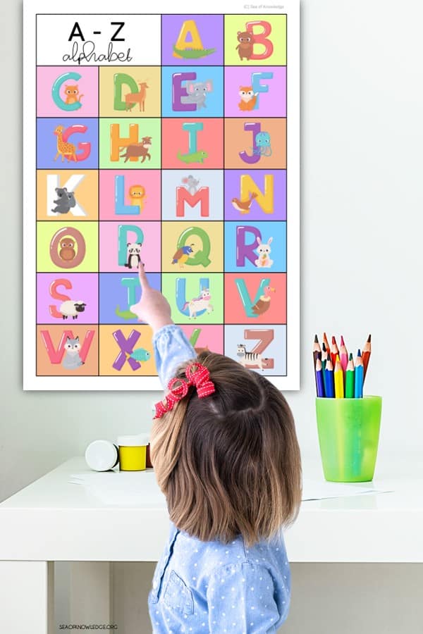 Kids will absolutely LOVE this printable alphabet chart PDF, which can be used in many different ways. print and hang the poster in the child's room, homeschool, or in the classroom, use in sensory bins and more. 
