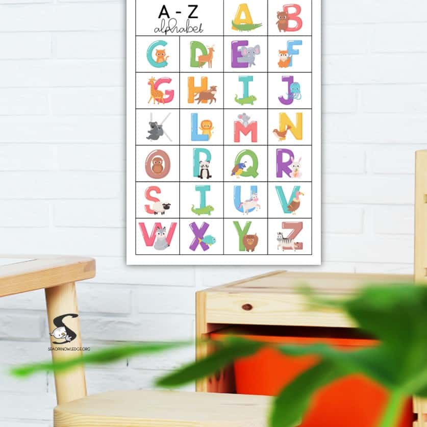 Kids will absolutely LOVE this printable alphabet chart PDF, which can be used in many different ways. print and hang the poster in the child's room, homeschool, or in the classroom, use in sensory bins and more.