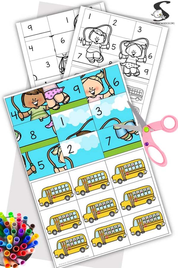 I love to make picture puzzles! I managed to turn around a simple boring number recognition activity into a fun puzzle that kids love. These free image math puzzle printables are school themed and perfect for back to school lesson prep. 