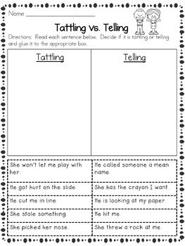 Kids will learn the difference between tattling and telling with these super fun tattling vs telling worksheets that you can easily print AND use in a matter of minutes. Get FREE posters, reading worksheets and task cards in this post!