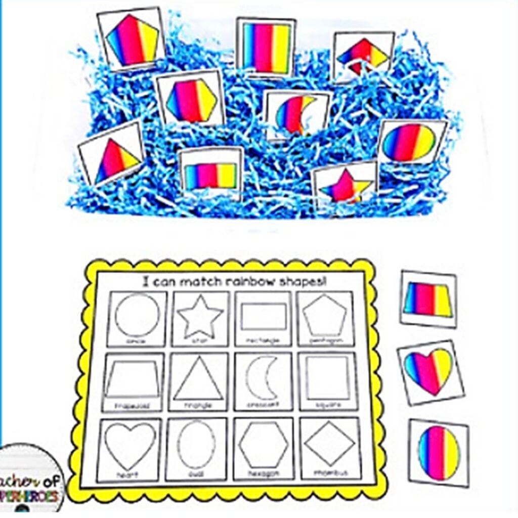 Learn the names of shapes with this free rainbow matching game that is designed for a sensory bin. This is a great activity for a geometry center!
To use: Hide the cards with the shape pictures in the sensory bin, then the students can find them and use the mat to match them to the black and white picture with the word underneath.