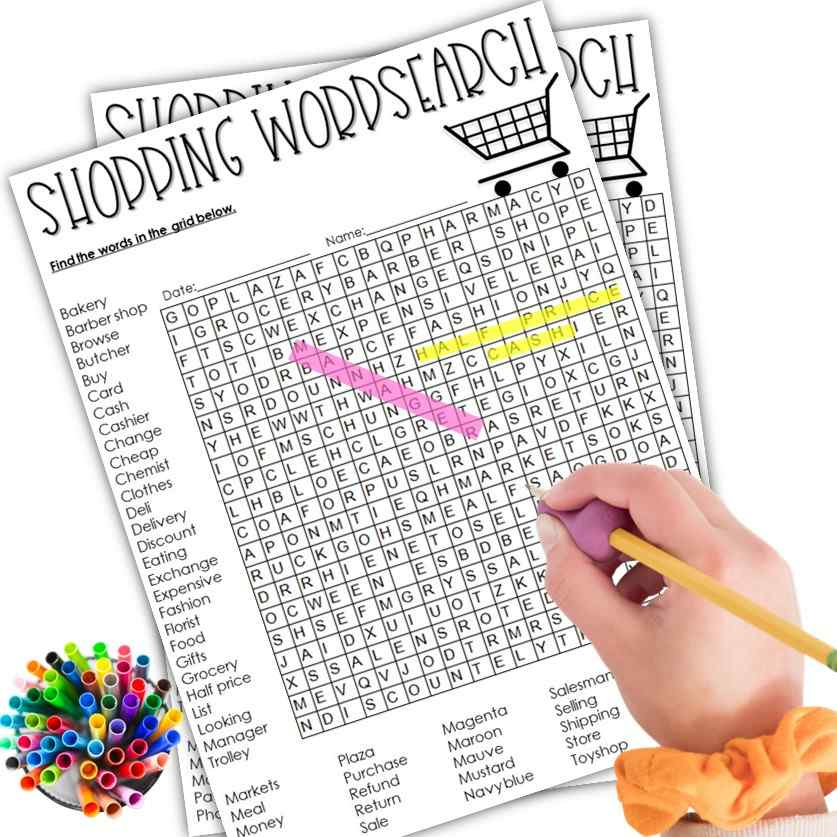 Teaching words related to shopping with this shopping wordsearch is so much fun. Students will learn shopping words and vocabulary, writing and spelling these words too. 