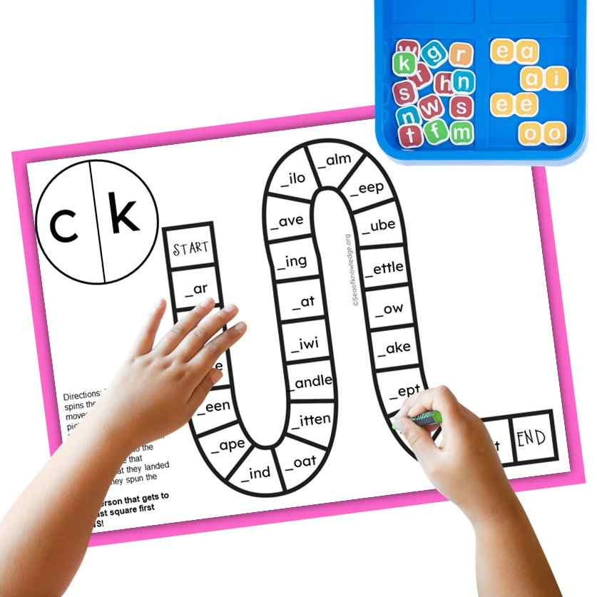 If your first grader is working on their phonics and spelling rules. Add this super cute and fun C or K board game to their activity plans. This c or K at the beginning of words printable game is perfect for ESL learners just as well!