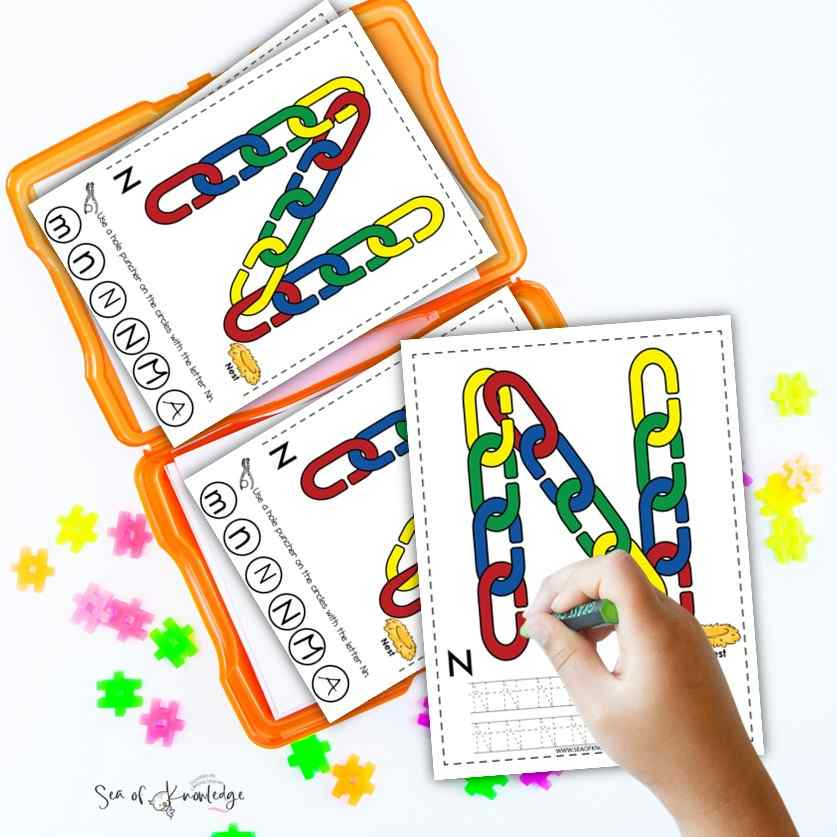There are so many ways to practice alphabet recognition, one of my favorite ways to do so is to add some fine motor chain link activity cards. These chain links are super easy to find, cheap to buy in bulk and perfect for the budget classroom teacher. 