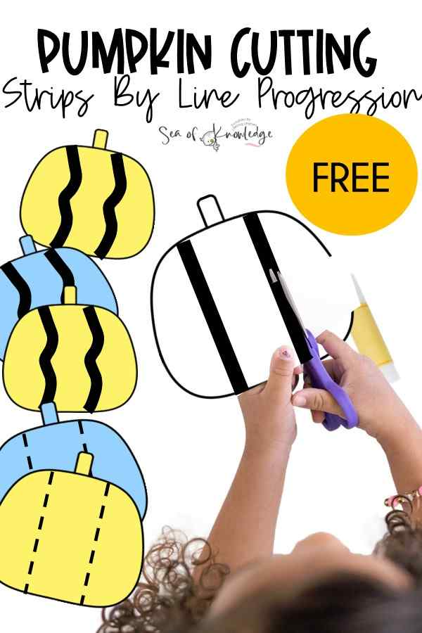Kids will love these pumpkin themed free printable cutting strips. I needed to make strips that ranged between easy (thicker lines to cut) to a bit more challenging lines and thickness. Preschoolers will love to pretend play as they carve their pumpkins by cutting these strips.