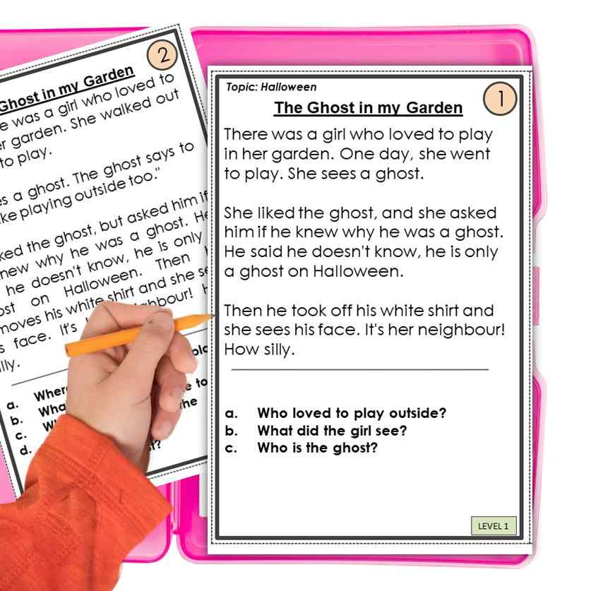 Your ELL learners will love these scary Halloween stories for ESL students, which are meant to support their language and literacy skills while keeping them interested enough in the story. These super simple reading task cards target wh- questions on each card and are differentiated into two levels. 
