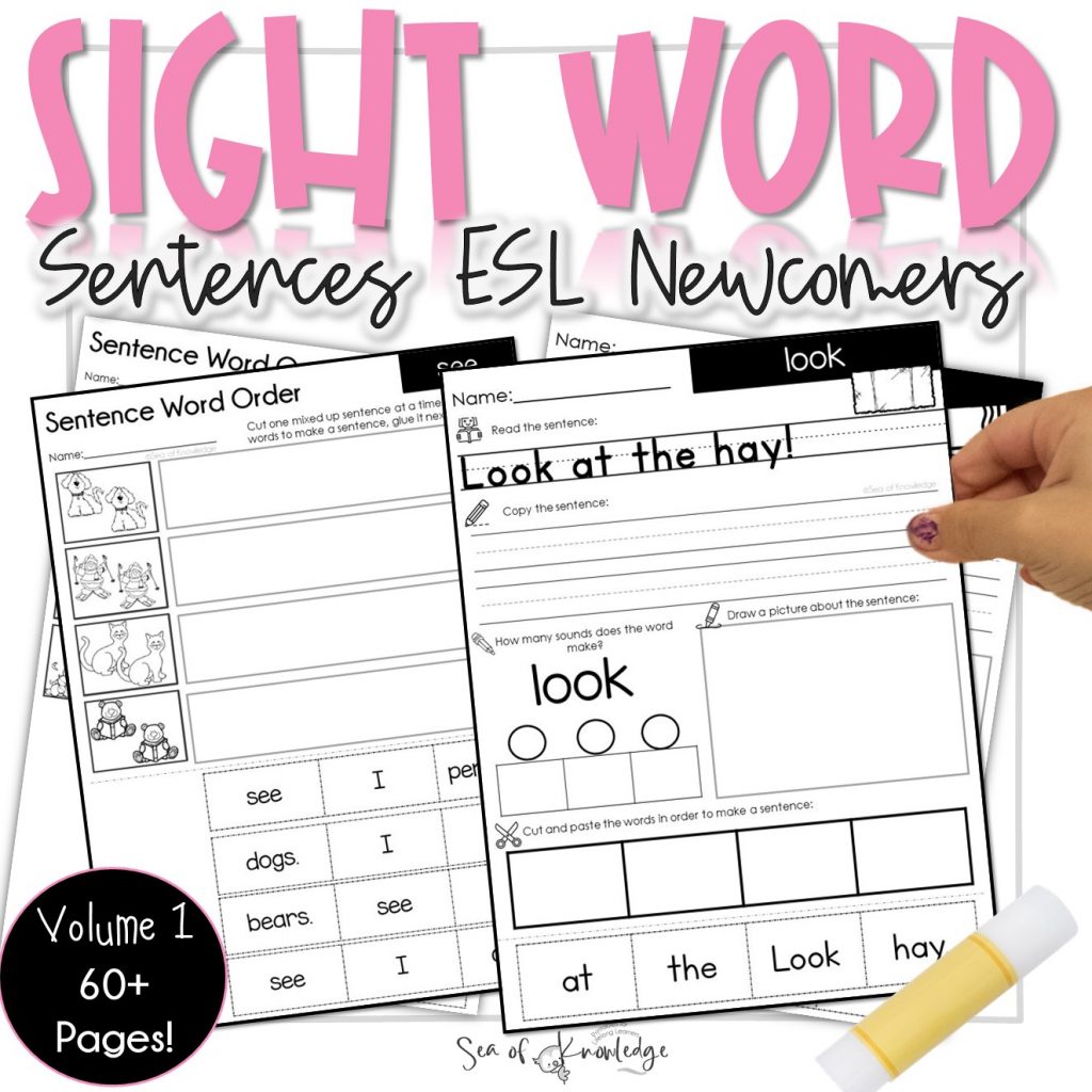 ESL students will love these Sight Word Sentences Worksheets which will help them understand word correct order in a sentence. These printables include step-by-step directions along with sight word recognition cut & paste printables.