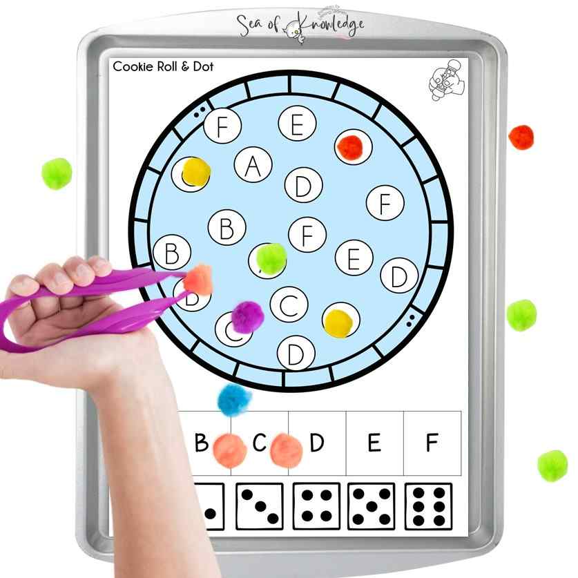 How about using this fun, hands-on Alphabet Matching Game in an interactive way to help engage and motivate the kids to learn their letters! This game involves a cookie sheet and there are options to use bingo markers OR pom poms. 