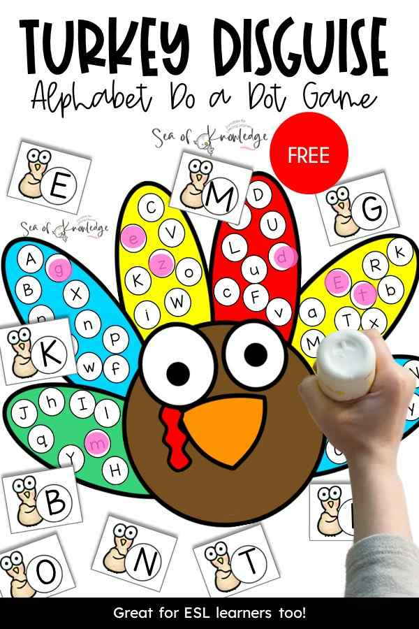 Looking for a fun disguise turkey template game? These printable do a dot templates are perfect for preschool and kindergarten kids as they pick a card, find the matching letter and then dot the letter to help 'disguise the turkey'. 