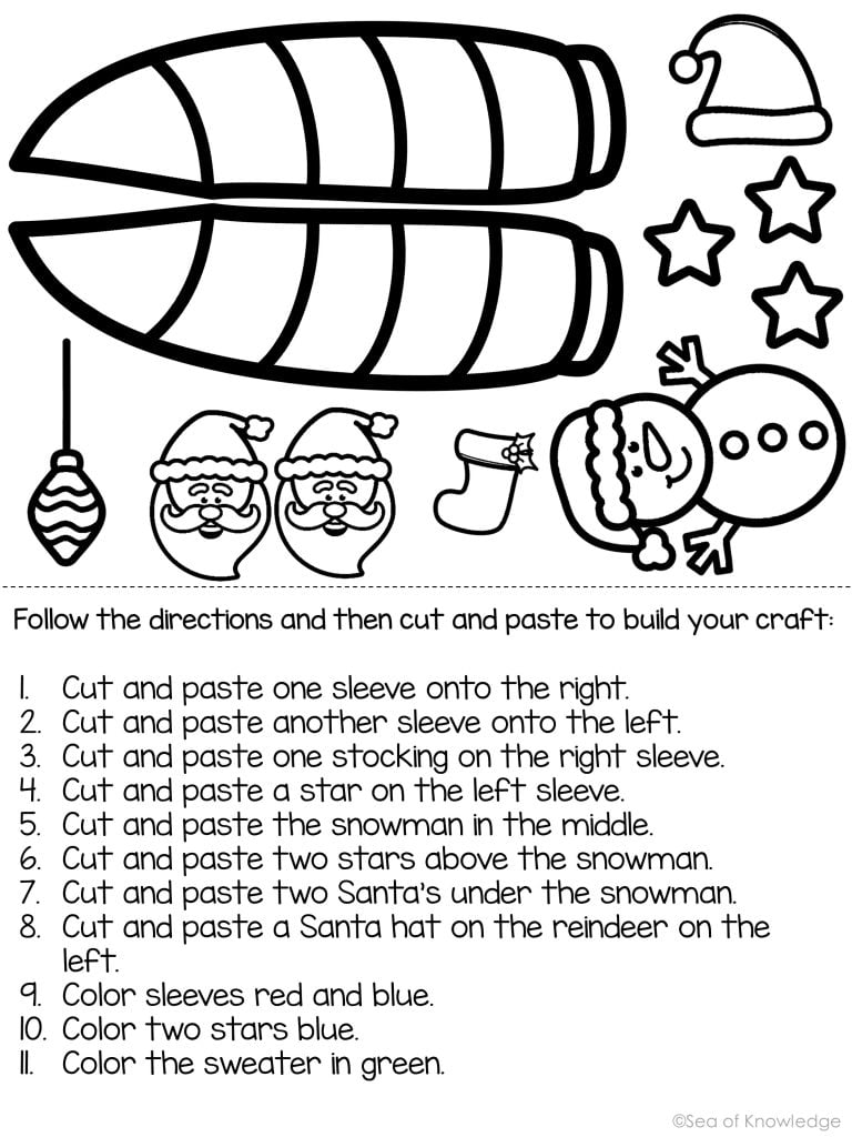 Gingerbread house and Christmas sweater following directions craft activity