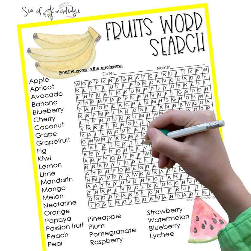 Teaching words related to fruit with this fruit word search is so much fun. Students will learn about the most common fruit and vocabulary, writing and spelling these words too. 
