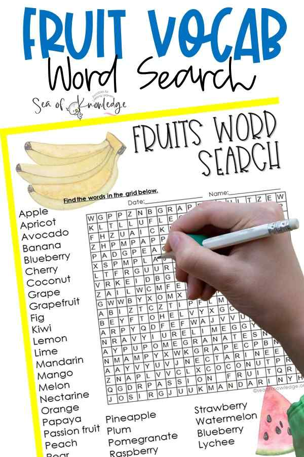  Teaching words related to fruit with this fruit word search is so much fun. Students will learn about the most common fruit and vocabulary, writing and spelling these words too. 