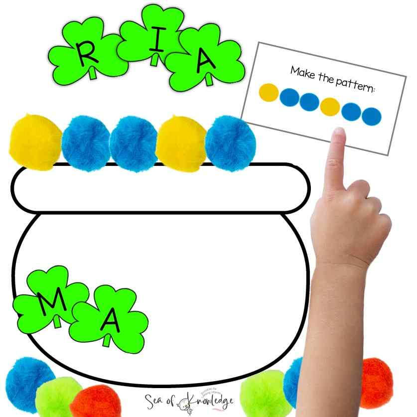 This pot of gold craft is a great way to target fine motor skills with fun crafts. It is also a great hands-on pom pom printable. It is a way to work on math patterns if the child is ready to. You can even use gold coins with it but the template includes everything you need to get started!