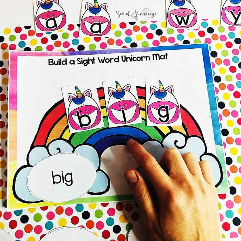 Kids will love these super cute unicorn sight word game. The best part about these templates, is that they can be played in several ways. Have them work on their fluency by reading the sight words, or have them find the programmed sight words, read the sight word cards and then build the sight word using unicorn letter cards. 