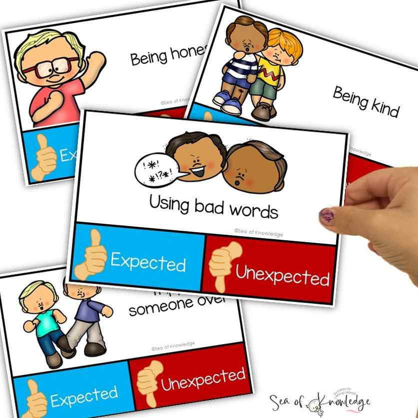 Social skills for kids and important for them to learn. Navigating expected unexpected behavior is a great way to teach important social skill behaviors, especially in a small group. These printable task cards and workbook will help your children or students avoid unexpected behaviors in any social situation.