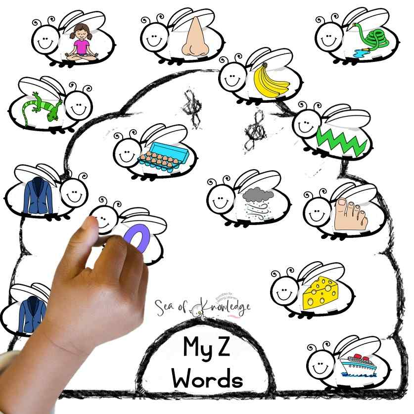 The z sound which is made on the roof of your mouth is quite a difficult one for preschool and kindergarten kids to master. A speech-language pathologist will work on many ways to target making speech sounds by practicing repetitive z words. This z words speech therapy craft is a great way to help kids with working on their z sound AND fine motor skills.
