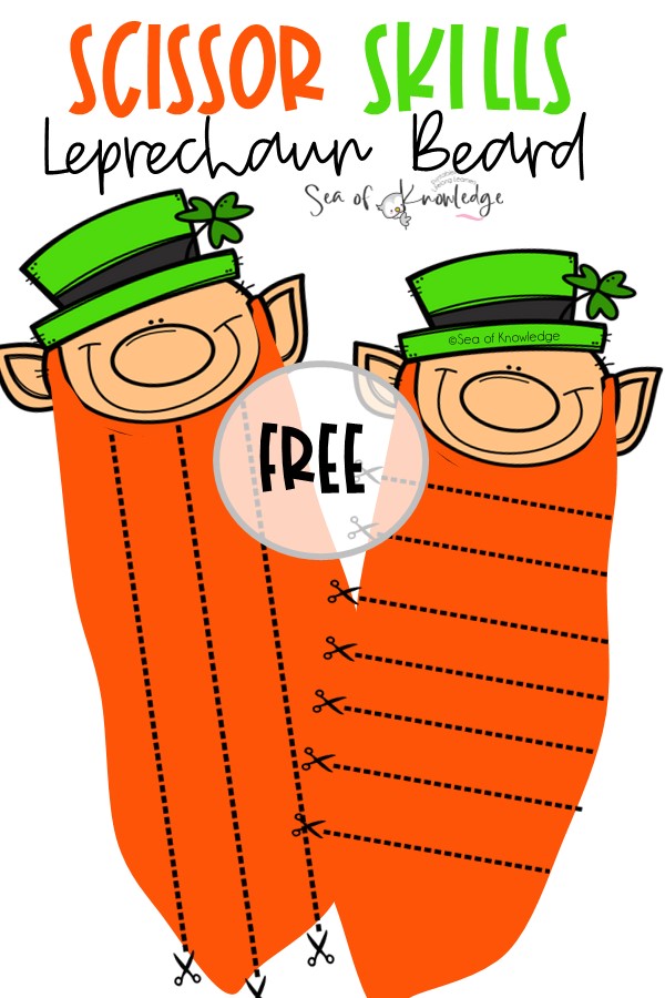 Kids will love these fall themed free Scissor Skills Worksheets Leprechaun Printables. I needed to make strips that ranged between easy (thicker lines to cut) to a bit more challenging lines and thickness. Preschoolers will love to pretend play as they cut their leprechaun beard strips. 