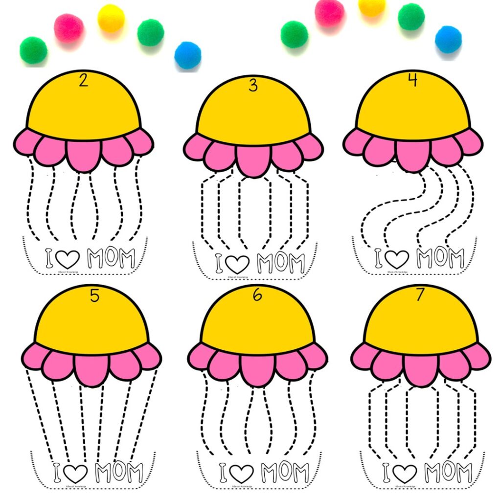 Mother’s Day flower tracing worksheet with number 5 and colorful pom-poms on top