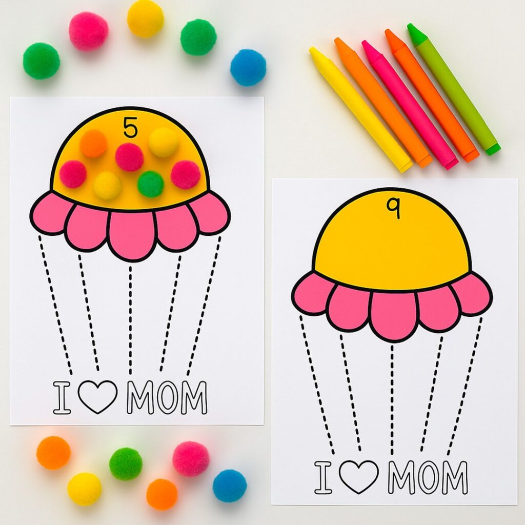 Prewriting printable for kids with a flower craft that says I love Mom.