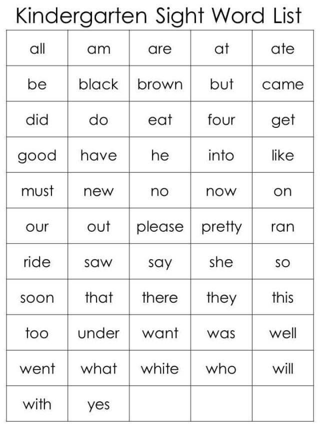 Kindergarten Sight Words List Printable [Sunrays Word Craft]
