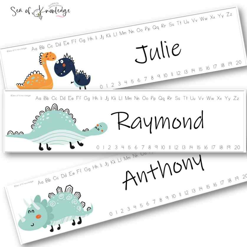 Personalize your classroom with editable dinosaur-themed name plates for desks. Download the printable PDF and use Powerpoint to customize names. Enhance letter recognition through playful learning with uppercase and lowercase letters. Get your free download now and create an inviting, educational space for young learners!
