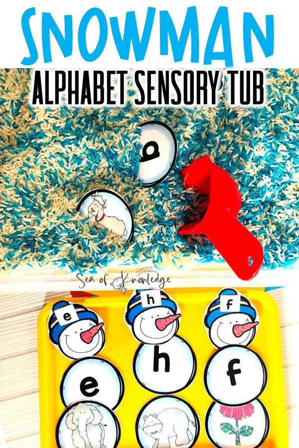 Winter Snowman Sensory Tub ideas can be LOTS of fun - if you incorporate snowmen and colourful play rice! Download your free copy of these alphabet snowman cards here! These would make a great addition to your beginning sounds games.
