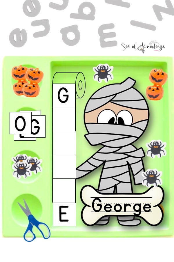 Looking for creative Halloween preschool activities? Try this Mummy Name Cut and Paste Craft! Perfect for October crafts or Manualidades Halloween, your students will love building their own spooky mummy while practicing name recognition.