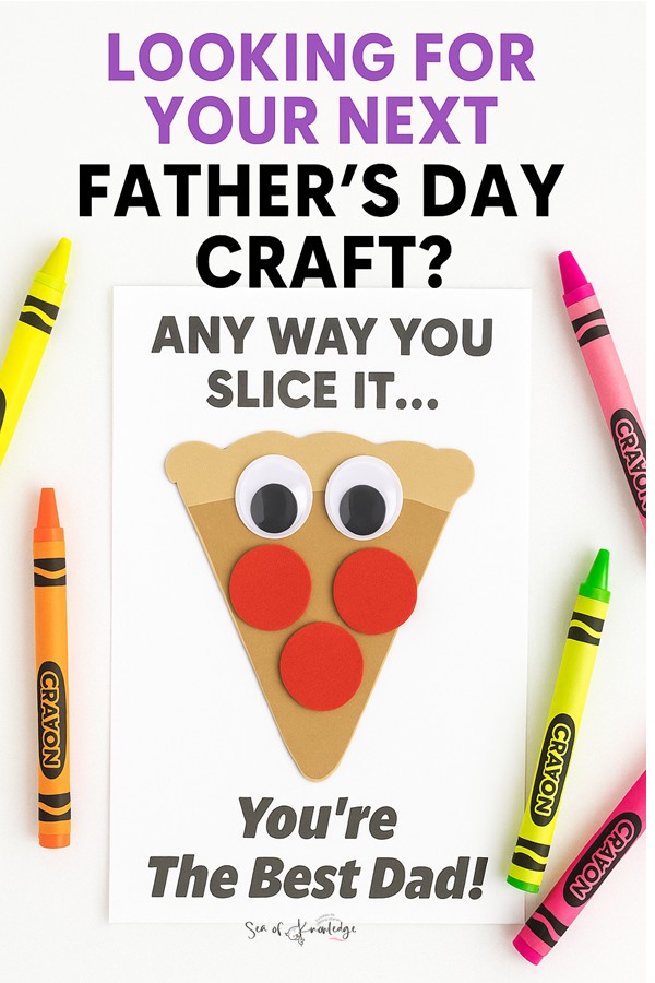 Neon-themed square mockup of a completed Father’s Day pizza craft, showing kid-friendly props and colorful art supplies.