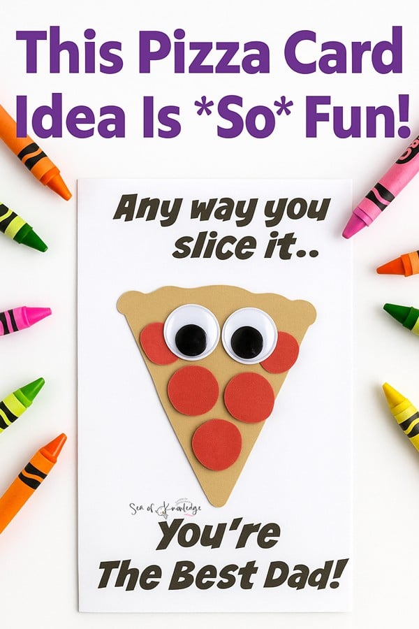 Printable pizza slice craft for Father's Day, designed for toddlers and preschoolers, shown mid-assembly with glue, scissors, and foam.
