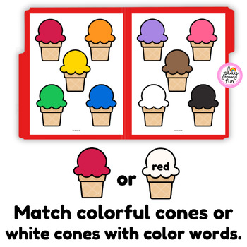 Scoop up this sweet Ice Cream Color Matching File Folder Game for a summer-themed way to practice colors. 

Kids match ice cream scoops to cones with the same color, which helps strengthen early visual discrimination and matching skills.