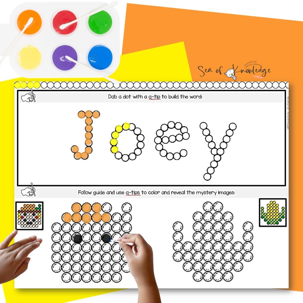 Kindergarten Q‑tip painting activity with bubble name templates and dot art supplies.