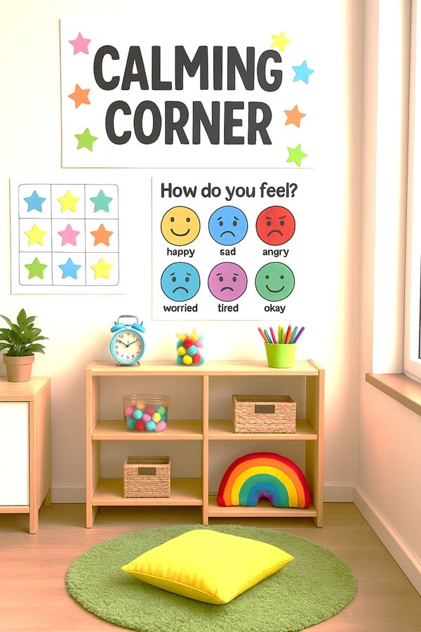 Design the perfect SEL calm down space with cozy rugs, sensory tools, and easy visual cues. This calm corner includes SEL posters for anger, sadness, and breathing strategies—ideal for preschool to grade 2! Help students self-regulate with tools they'll actually use.
#calmdowncorner #SELsetup #classroomorganization #emotionregulation #classroomdecor