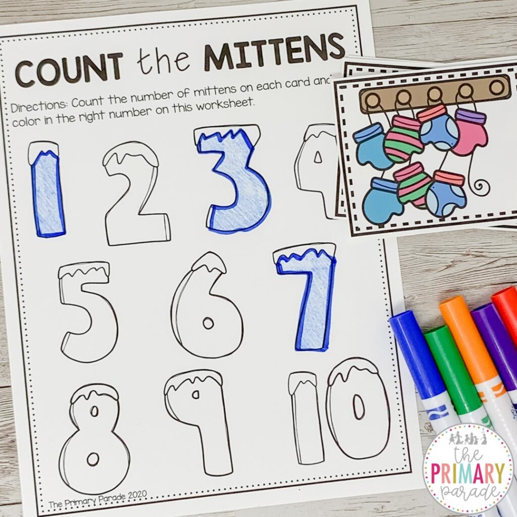 For some hands-on math fun, the Counting Mittens activity will have preschoolers sorting and counting with a wintery twist. 