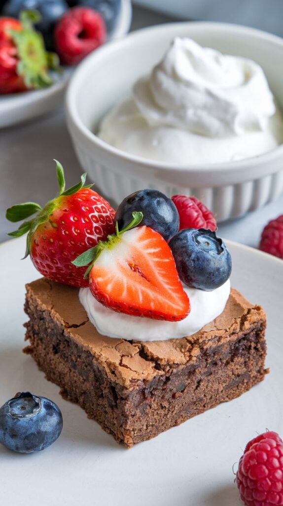Close-up of a single stevia brownie topped with fresh berries and a dollop of unsweetened whipped cream, showcasing a healthy dessert option.