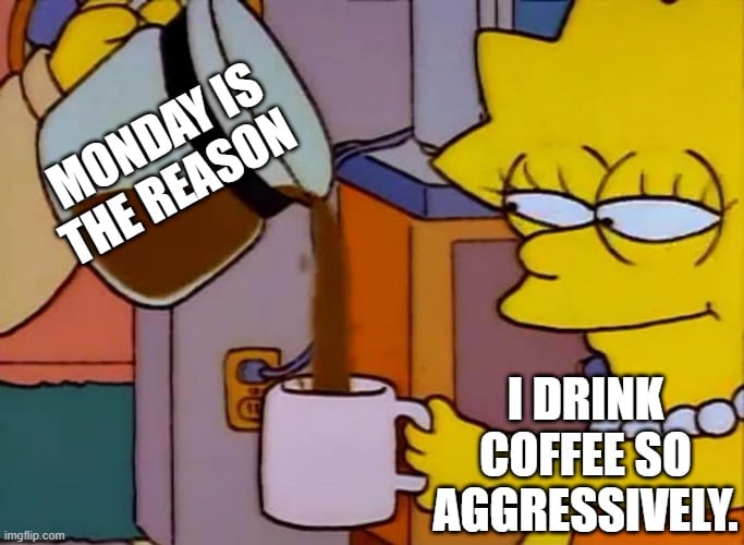 Sarcastic coffee quote about teachers needing coffee on Monday mornings.