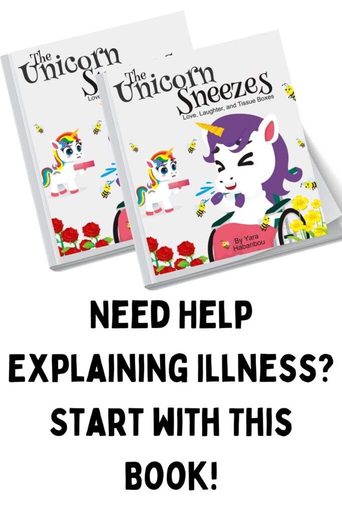 The Unicorn Sneezes book mockup with vibrant illustrations - perfect for kids learning about illness.