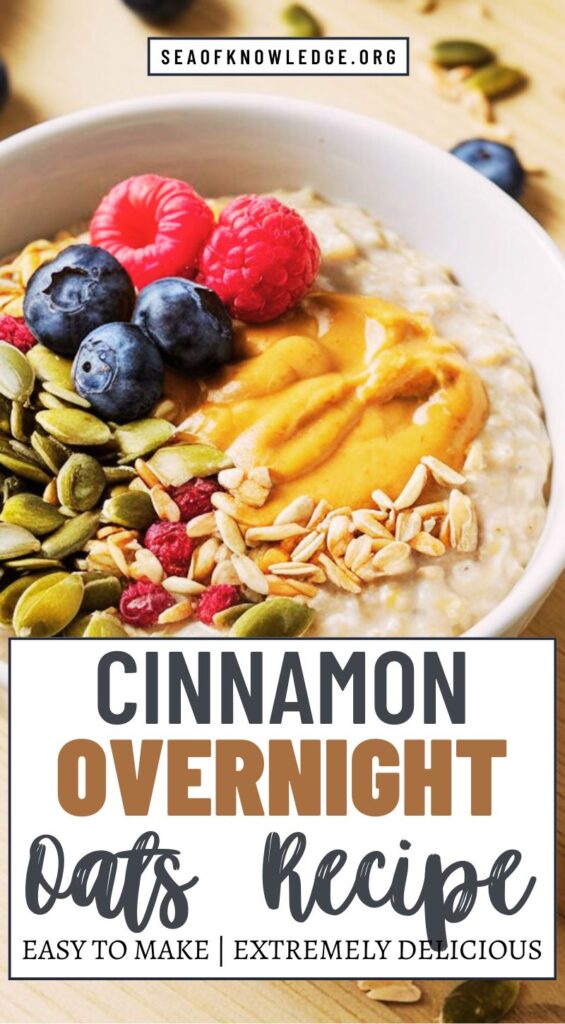 Ingredients for cinnamon overnight oats arranged on a countertop: oats, cinnamon, almond milk, and chia seeds.