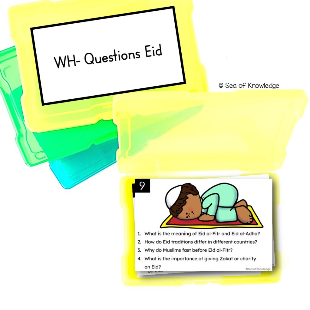 Close-up of WH Questions Eid cards featuring engaging illustrations and question prompts.