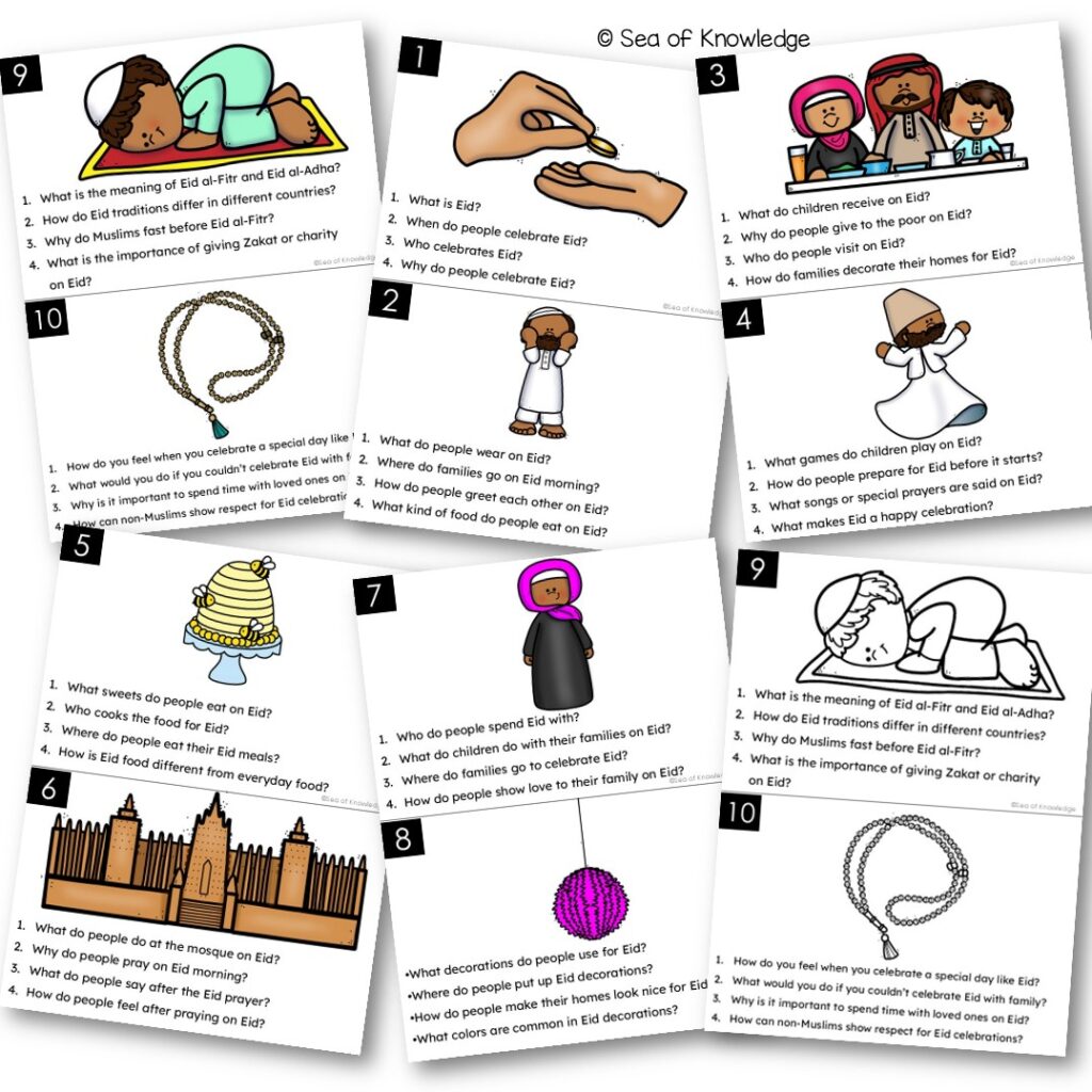 Mockup of printable WH Questions Eid cards designed for ESL and speech therapy activities.