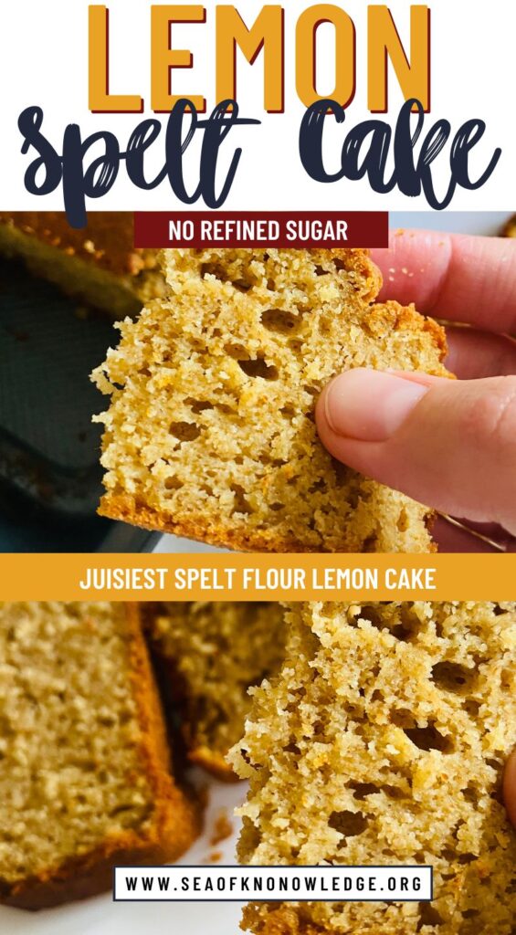 Freshly baked spelt lemon cake on a cooling rack, with a slice cut out, highlighting its moist and airy texture.